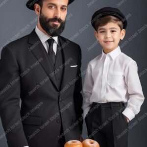 אילוסטרציה דמות ילד קטן ואביו ליד צלחת סופגניות - 21591